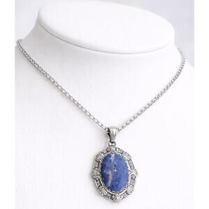 Silver Tone Oval Pendant Blue Faux Lapis Lazuli Sodalite Stone Large Boho